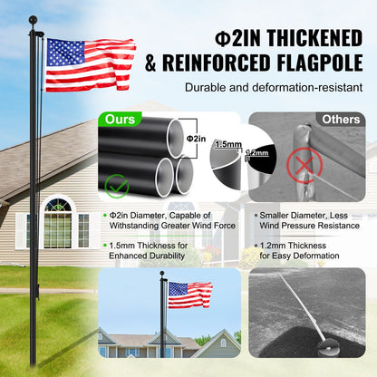 30FT Sectional Flag pole Kit, Heavy Duty Aluminum Alloy in Ground Flag poles for Outside, 3 Display Modes Flagpole with 3x5 American Flag, Professional Accessories, Black - KNM Sundry