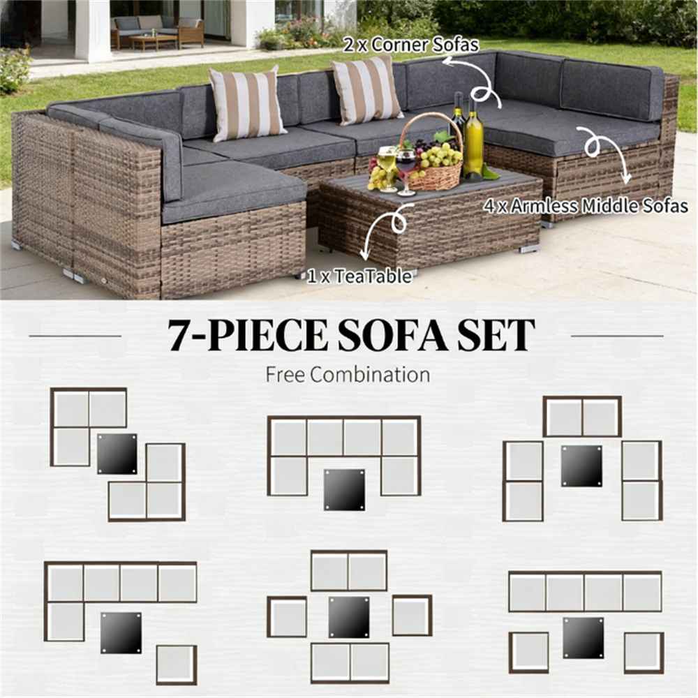 7-piece courtyard furniture set, outdoor segmented sofa set, garden set, gray