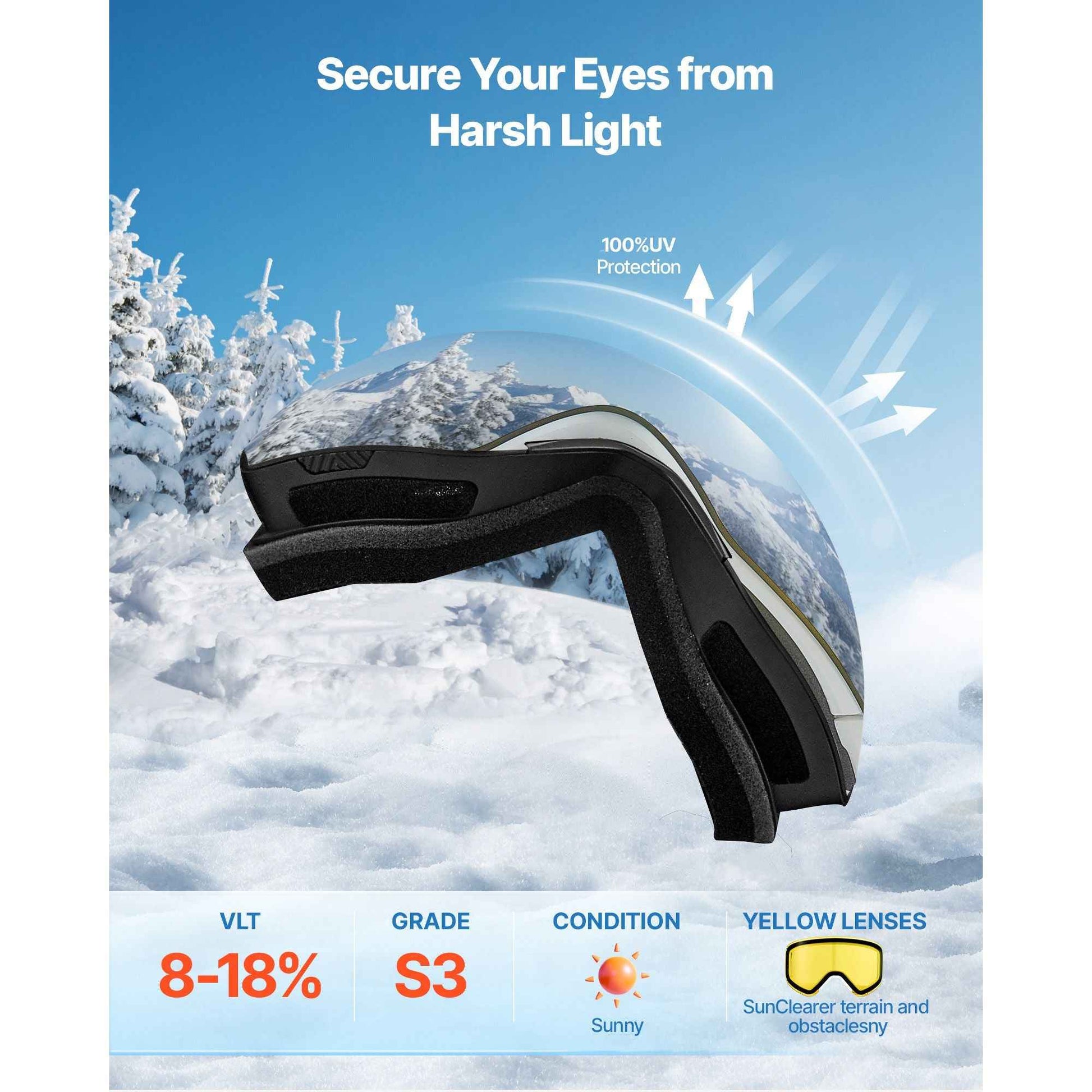 Frameless Ski Goggles, Magnet Cylindrical Lens with Silver Mirror Revo Coating, OTG Anti fog Snow Goggles for Men Women, TPU Frame & Ventilation Structure, Fit for Skiing, Skating, Snowboarding