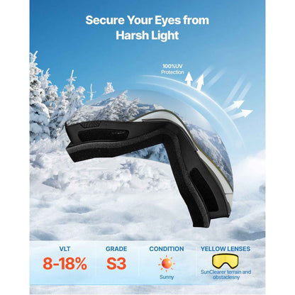 Frameless Ski Goggles, Magnet Cylindrical Lens with Silver Mirror Revo Coating, OTG Anti fog Snow Goggles for Men Women, TPU Frame & Ventilation Structure, Fit for Skiing, Skating, Snowboarding