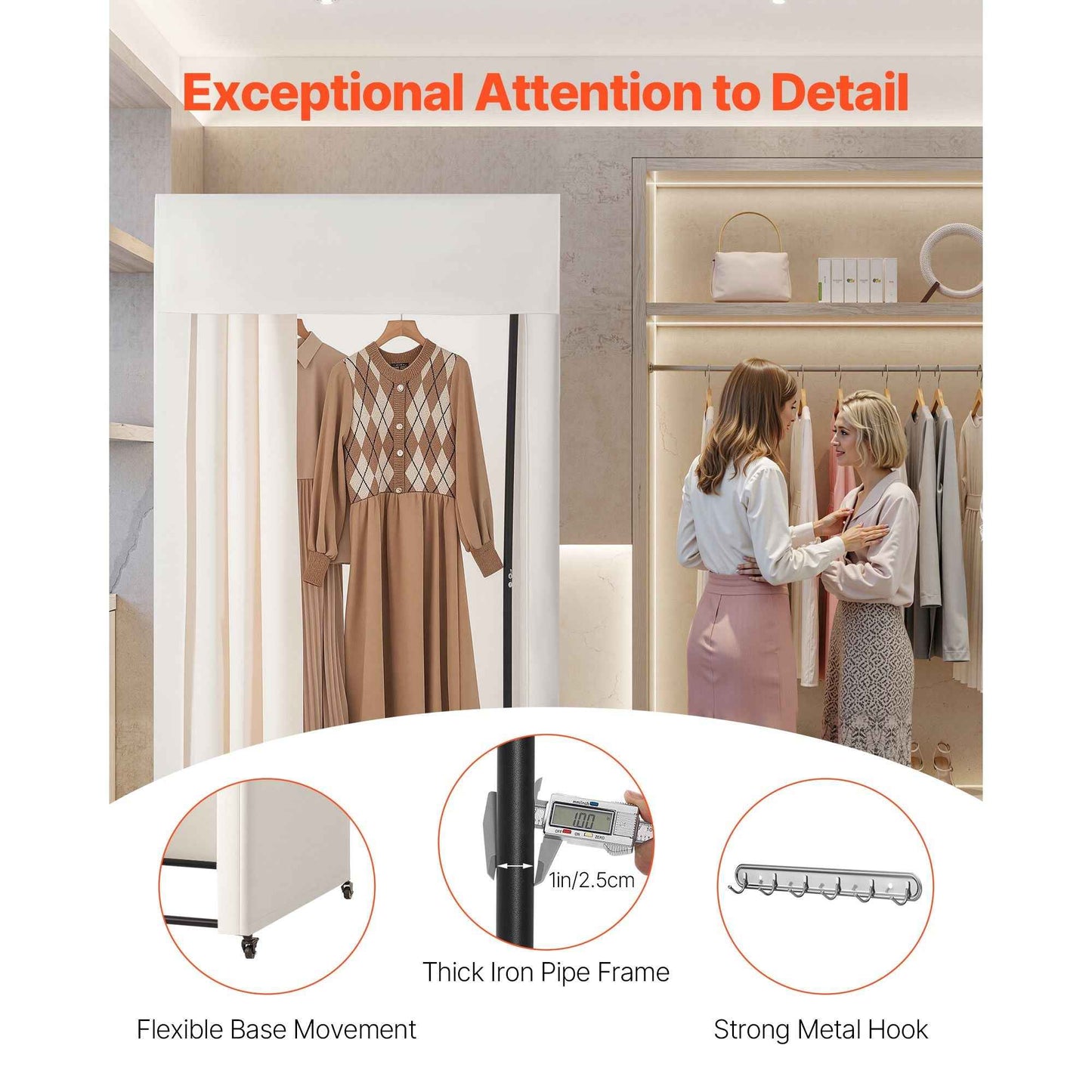 Fitting Room, Moveable Dressing Room with Thick Curtains, Privacy Space with Casters and a Sturdy Metal Hook, for Boutique, Mall, Tailor's Store & Outdoor (39 x 39 x 81 in, Black and Beige)