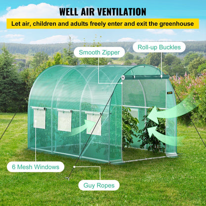 Walk-in Tunnel Greenhouse, 9.8 x 6.6 x 6.6 ft Portable Plant Hot House with Galvanized Steel Hoops, 1 Top Beam, Diagonal Poles, Zippered Door & 6 Roll-up Windows, Green - KNM Sundry