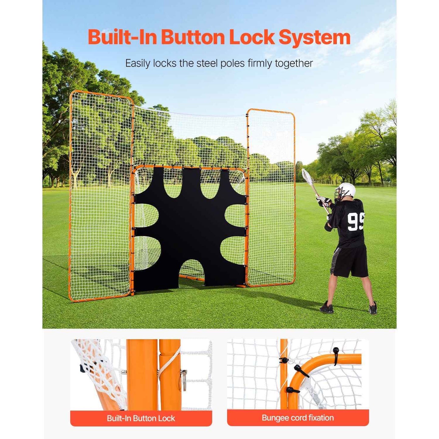 3-IN-1 Lacrosse Goal, 12x9 ft Lacrosse Net with Backstop and Target, Quick & Easy Setup Backyard Rebounder Equipment, Steel Frame Training Nets, Suitable for Youth Adult Training, Orange