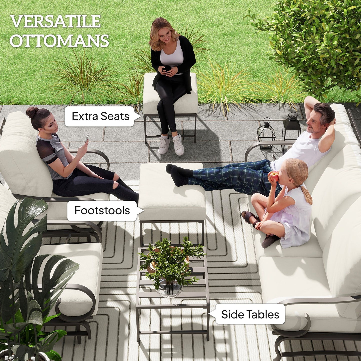 5 Piece Backyard Patio Furniture Set, Outdoor Furniture Set with 2 Rocking Chairs, 3-Seat Sofa, and 2 Ottomans, Beige - KNM Sundry