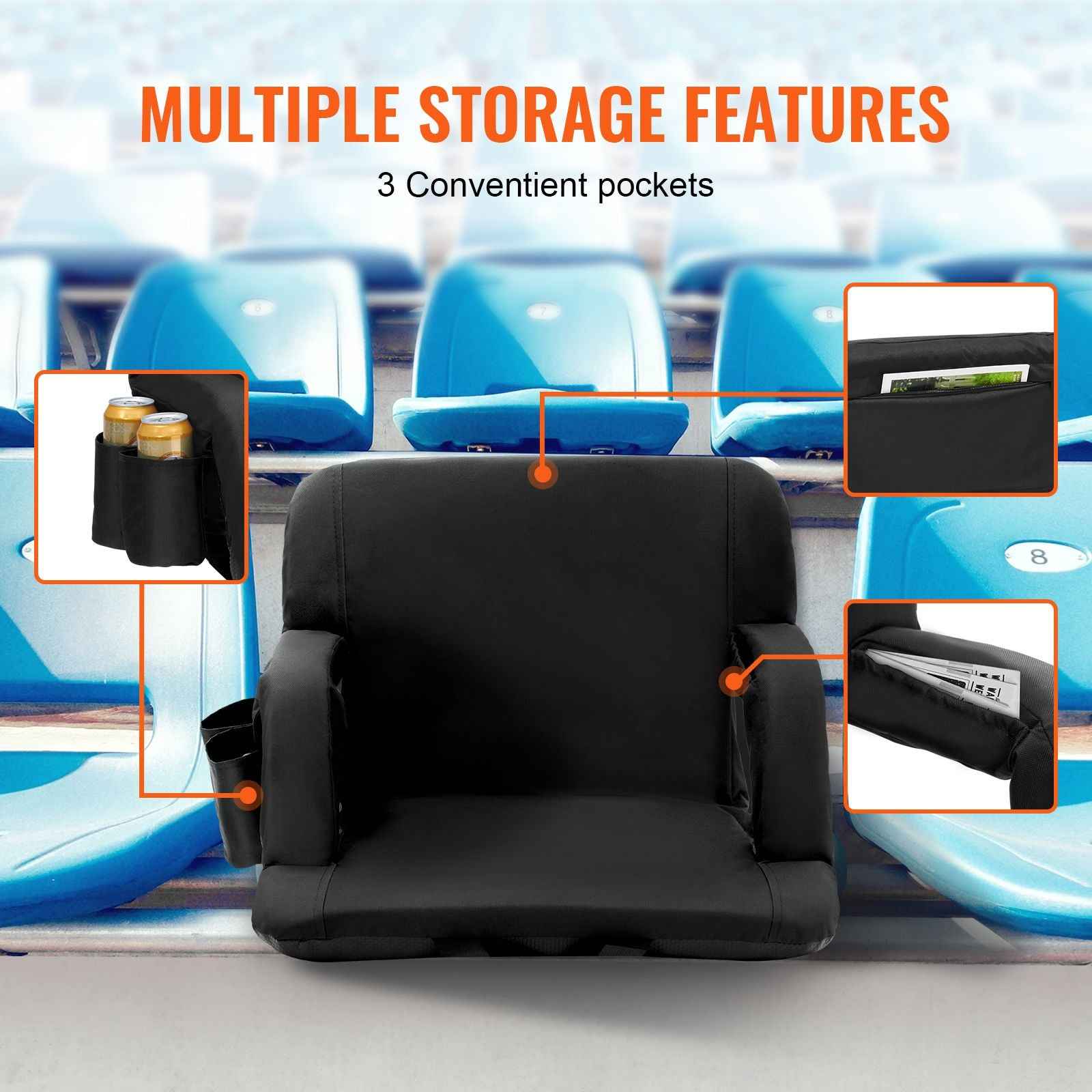 Stadium Seat with Back Support, Wide Bleacher Seat Backs, Folding Padded Cushion Stadium Chair, Portable Reclining Chairs with Hook Pocket Cupholder, Ideal for Sport Event Beach Concert (2 Set)