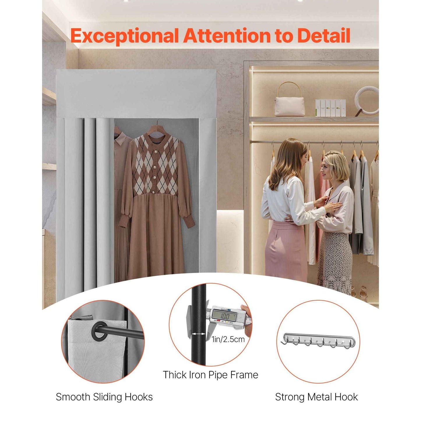 Fitting Room, Dressing Room with Thick Polyester Curtains, Privacy Space with Shading Curtain and a Hook, for Boutique, Mall, Tailor's Store & Outdoor 39 x 39 x 78 in (Black and Gray-White)