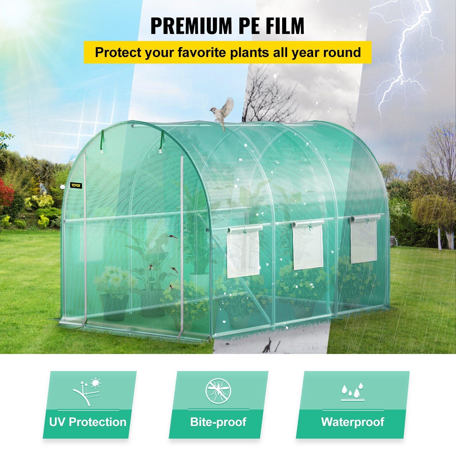 Walk-in Tunnel Greenhouse, 9.8 x 6.6 x 6.6 ft Portable Plant Hot House with Galvanized Steel Hoops, 1 Top Beam, Diagonal Poles, Zippered Door & 6 Roll-up Windows, Green - KNM Sundry