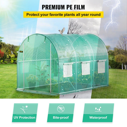Walk-in Tunnel Greenhouse, 9.8 x 6.6 x 6.6 ft Portable Plant Hot House with Galvanized Steel Hoops, 1 Top Beam, Diagonal Poles, Zippered Door & 6 Roll-up Windows, Green - KNM Sundry