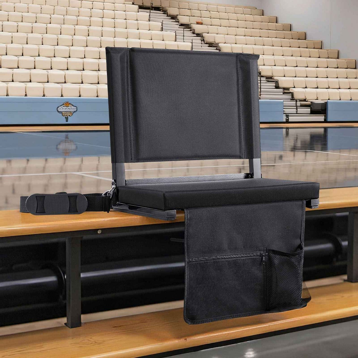 Stadium Seat, Folding Bleacher Chair with Back Support and Thick Cushion, Padded Stadium Seat for Bleacher Includes Shoulder Strap, Hooks, Cup Holder, and Side Pocket, Black Bleachers Chair