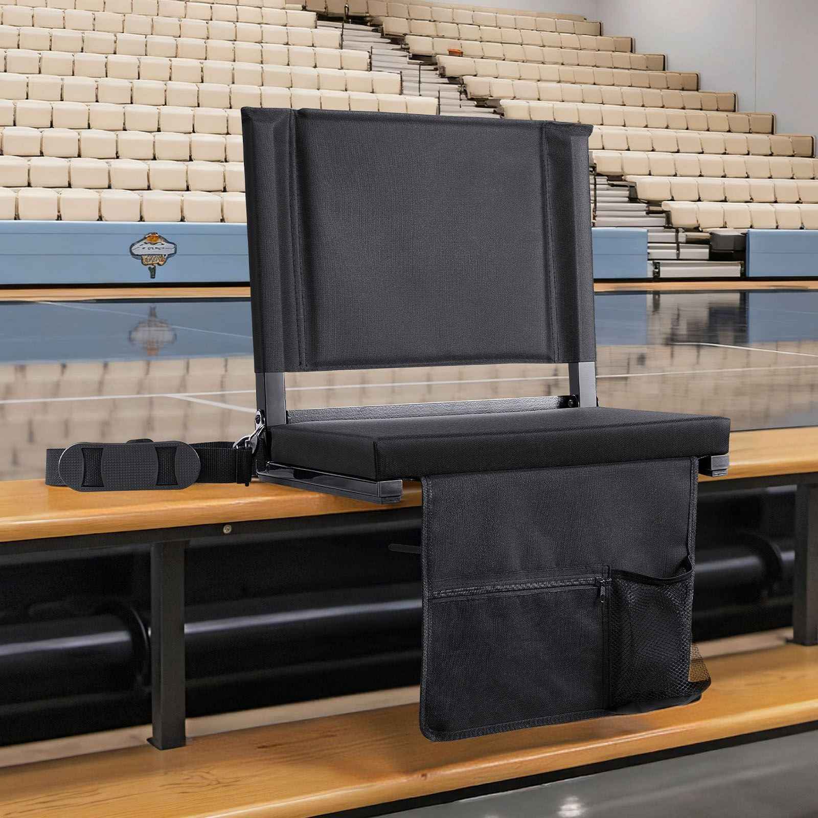 Stadium Seat, Folding Bleacher Chair with Back Support and Thick Cushion, Padded Stadium Seat for Bleacher Includes Shoulder Strap, Hooks, Cup Holder, and Side Pocket, Black Bleachers Chair