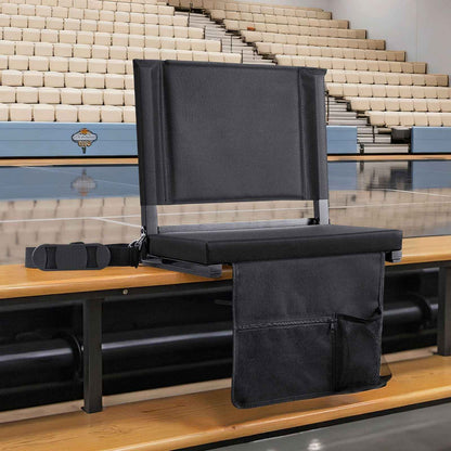 Stadium Seat, Folding Bleacher Chair with Back Support and Thick Cushion, Padded Stadium Seat for Bleacher Includes Shoulder Strap, Hooks, Cup Holder, and Side Pocket, Black Bleachers Chair