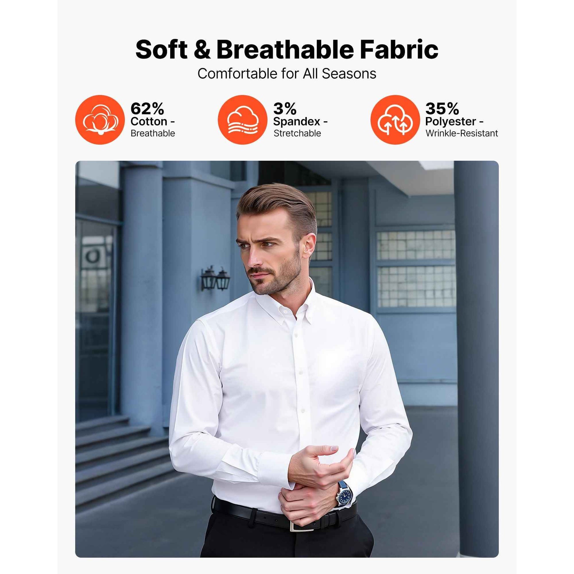 Men's Button Up Shirt, Mens Long Sleeve Wrinkle-free Button Down Dress Shirts, Slim Fit Soft Stretch Fabric for Business Casual or Formal, Work, Wedding, Dinner, White, M Size