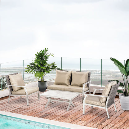 Patio Conversational Bliss: 4-Piece Wicker Loveseat Set with Coffee Table, Beige | Intimate Outdoor Lounge. - KNM Sundry