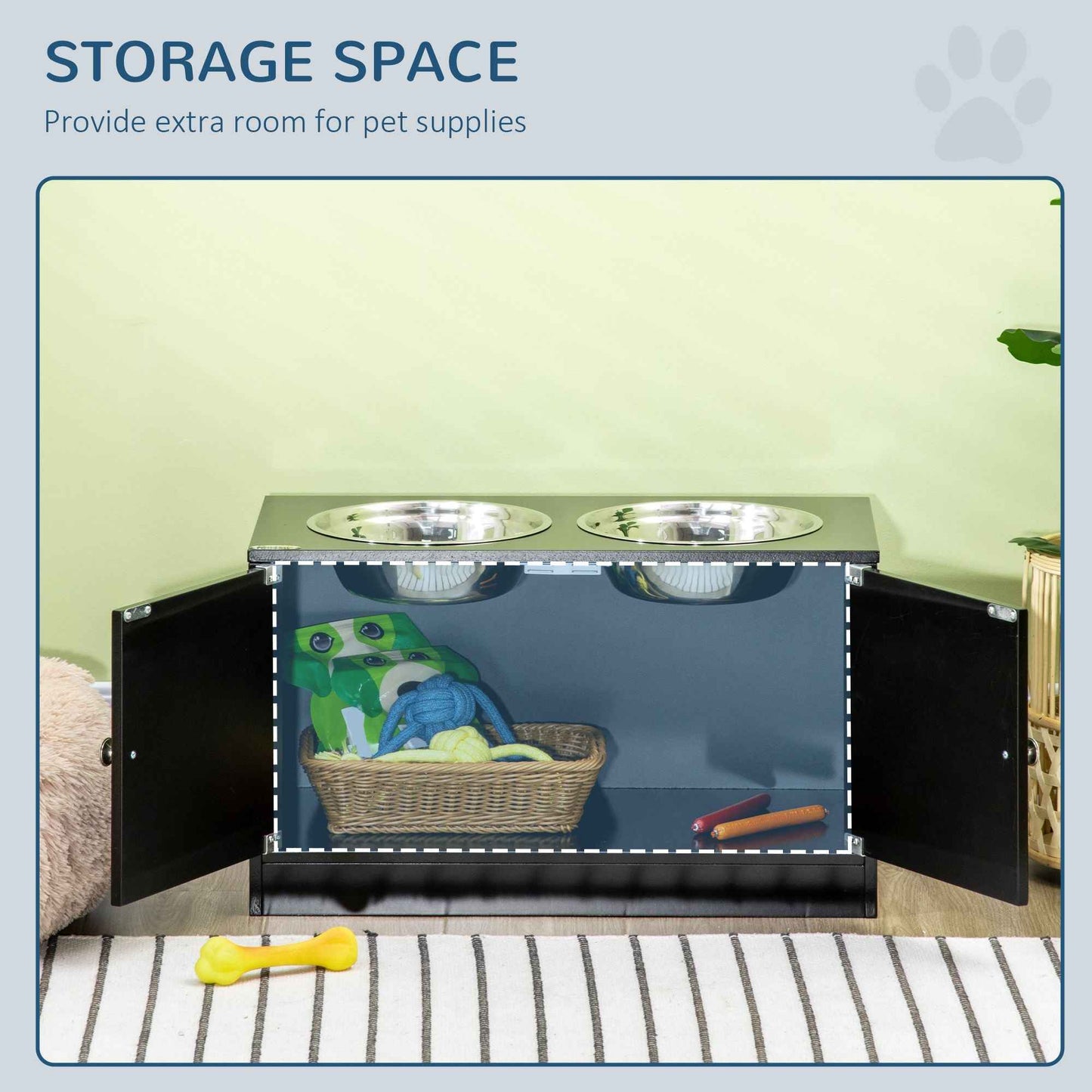 Raised Pet Feeding Storage Station with 2 Stainless Steel Bowls Base for Large Dogs and Other Large Pets Black