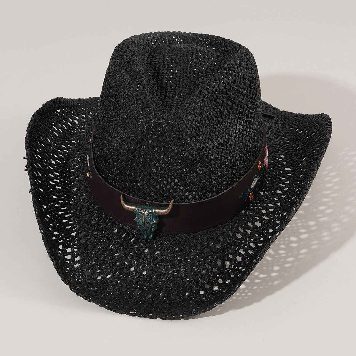 Men's And Women's Cowboy Hat British Retro New Summer Hollow Cow Head Belt Hat Sunscreen Sunscreen Woven Straw Hat