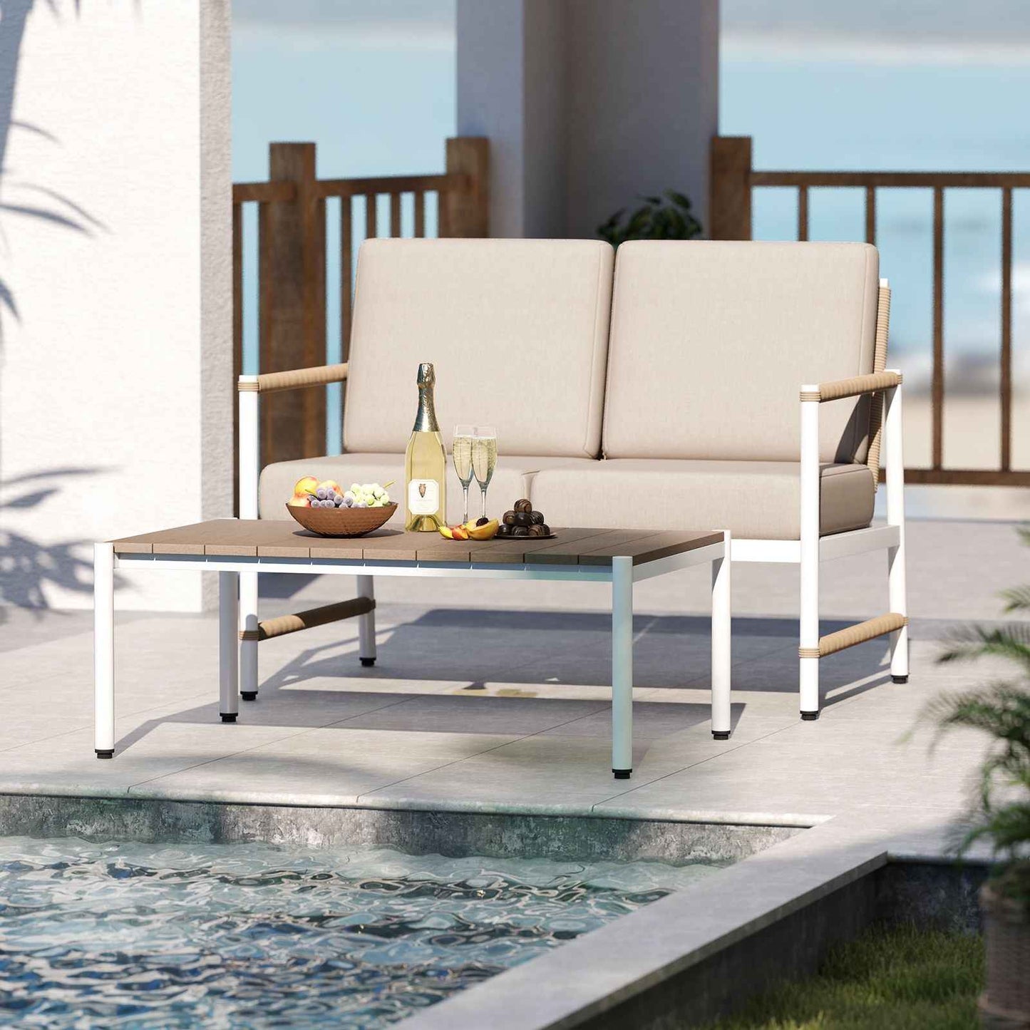 Patio Loveseat Sofa with Coffee Table Set with Thick Cushions