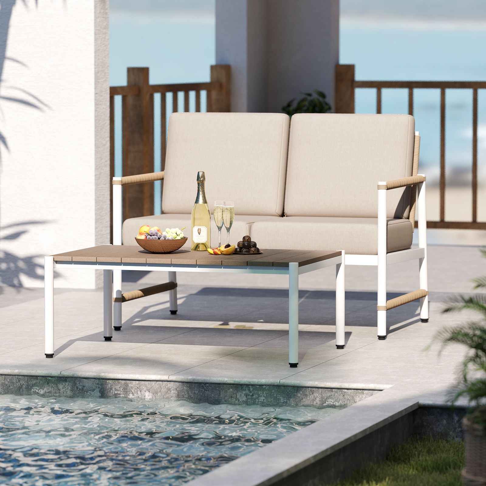 Patio Loveseat Sofa with Coffee Table Set with Thick Cushions
