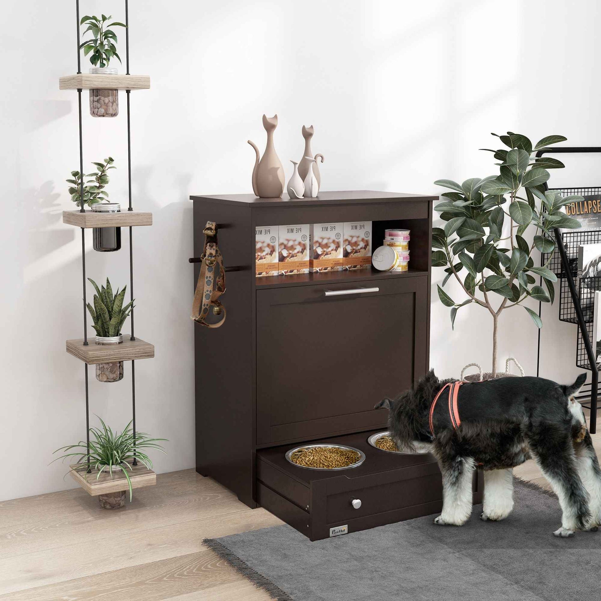 Pet Feeder Station Storage Cabinet, Dog Food Storage Container with Dog Raised Bowls, Watering Supplies, Gray