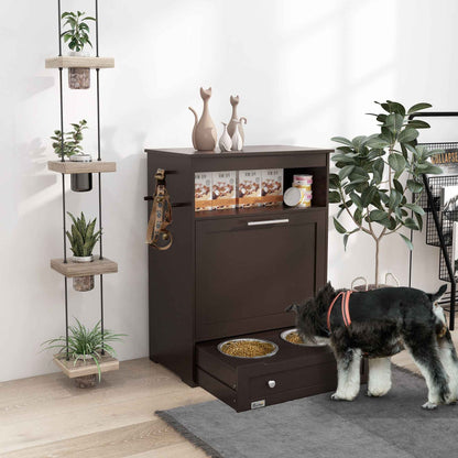Pet Feeder Station Storage Cabinet, Dog Food Storage Container with Dog Raised Bowls, Watering Supplies, Gray