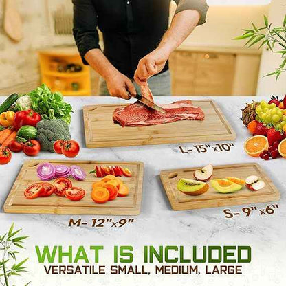 Bamboo Cutting Board Set of 3 (15x10, 12x9, 9x6) – Extra-Thick, Deep Juice Groove Wood Cutting Boards – Knife-Friendly for Kitchen Prep, Carving & Charcuterie – Easy to Clean