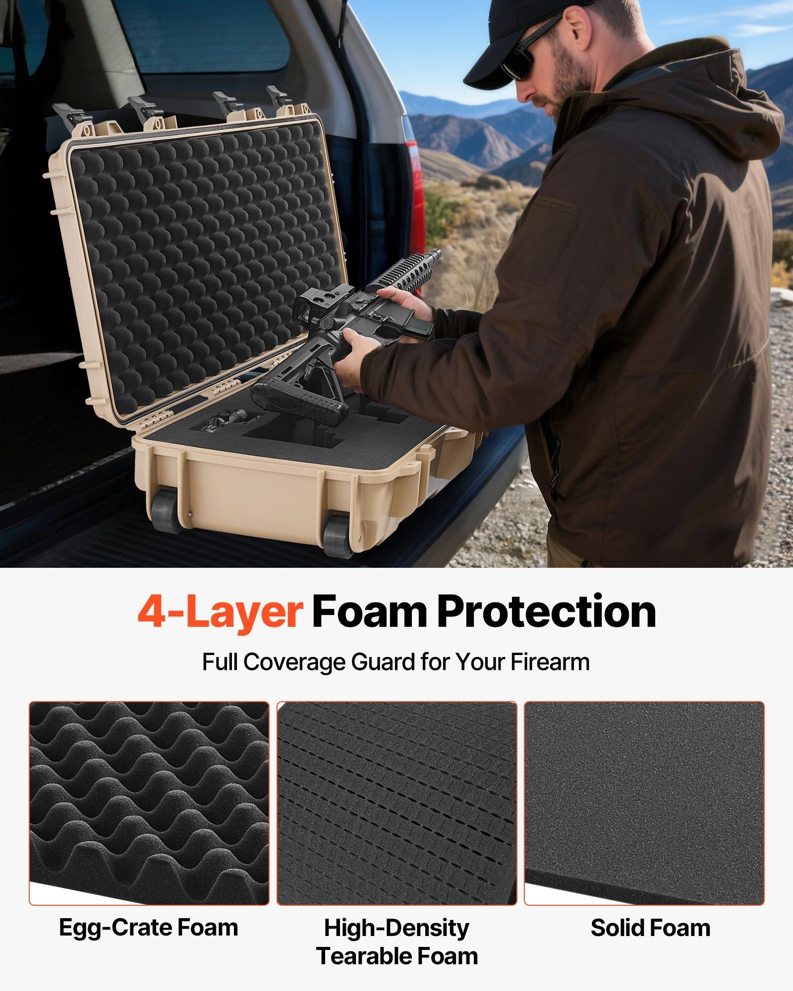 VEVOR Hard Rifle Case, Lockable Rifle Case with 4 Layers Pre-cut Foams, 36 in Gun Storage with Wheels, IP67 Waterproof & Dustproof Pistol Storage Cases for Rifles, Shotguns, Airsoft Guns, Khaki - KNM Sundry