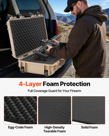 VEVOR Hard Rifle Case, Lockable Rifle Case with 4 Layers Pre-cut Foams, 36 in Gun Storage with Wheels, IP67 Waterproof & Dustproof Pistol Storage Cases for Rifles, Shotguns, Airsoft Guns, Khaki - KNM Sundry