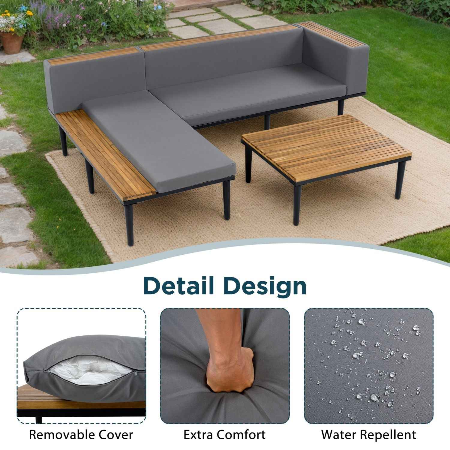 <Old SKU: N704G201251E> Luxury Patio Furniture Set with Removable Cushions and Coffee Table, L-Shaped Acacia Wood Sofa with Side table, Outdoor Conversation Sectional Sofa for Backyard, Porch, Gray