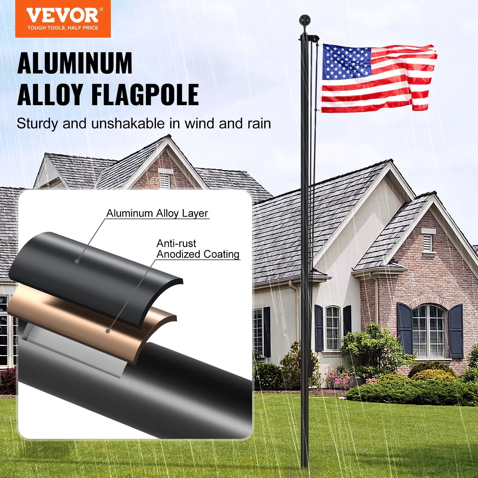 30FT Sectional Flag pole Kit, Heavy Duty Aluminum Alloy in Ground Flag poles for Outside, 3 Display Modes Flagpole with 3x5 American Flag, Professional Accessories, Black - KNM Sundry