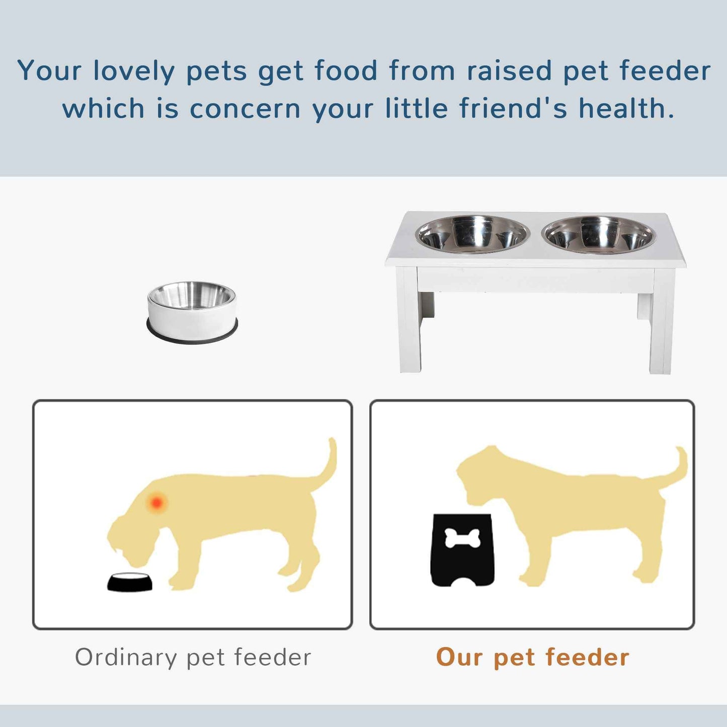 Wooden Dog Feeding Station with 2 Stainless Steel Bowls and Non-Slip Base Elegant White