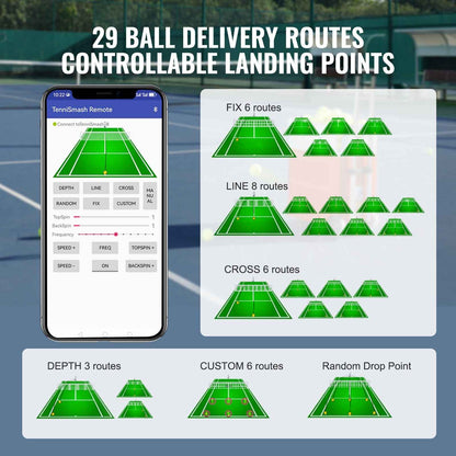Tennis Ball Machine, Automatic Portable Tennis Ball Launcher, 100 Balls Tennis Training Practice Thrower, 5 Motors Multi-Mode Drills, 2+ Hours Play, Rechargeable Battery, App Remote Control
