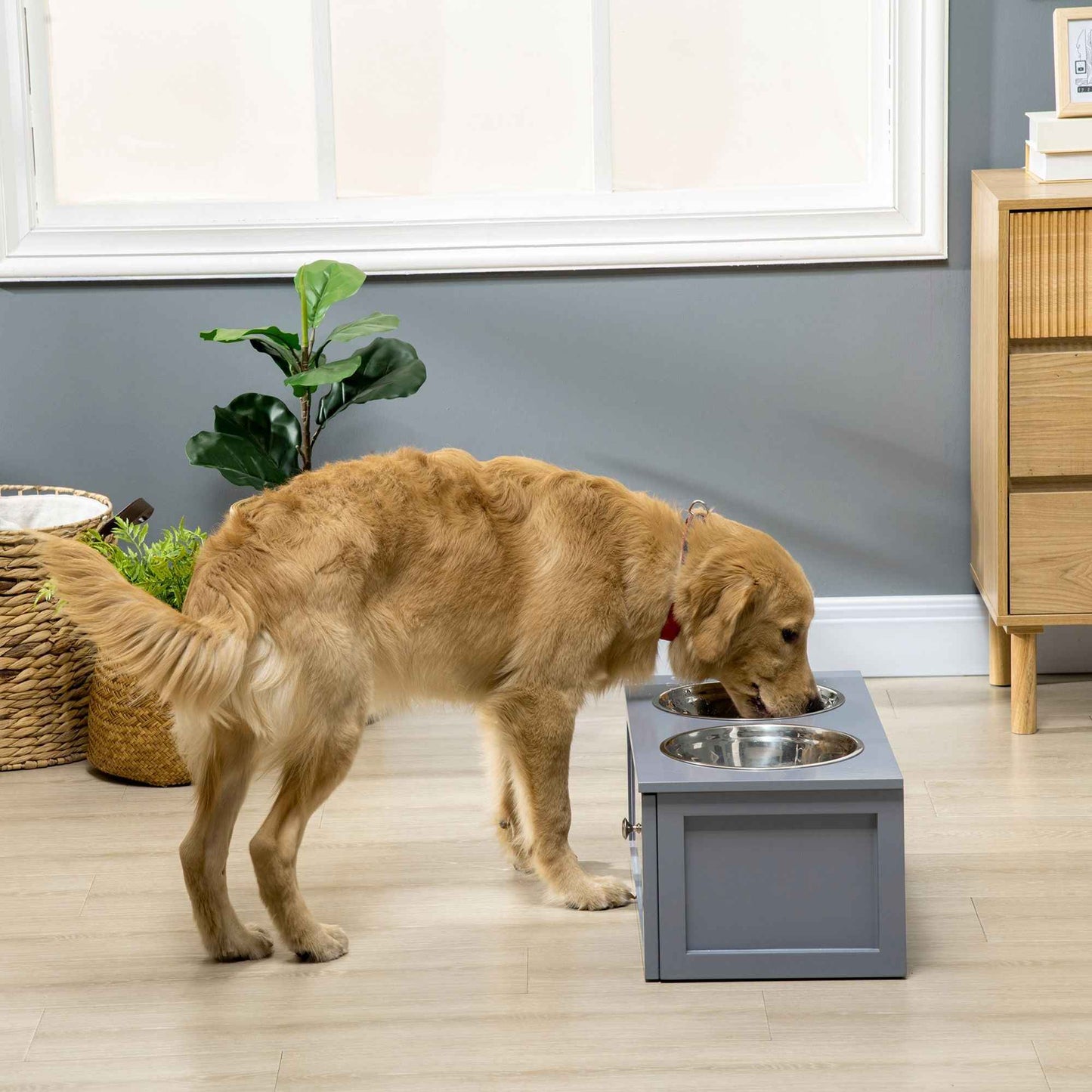 Elevated Dog Bowls with Storage, 2 Stainless Steel Bowls, for Medium Dogs, Gray