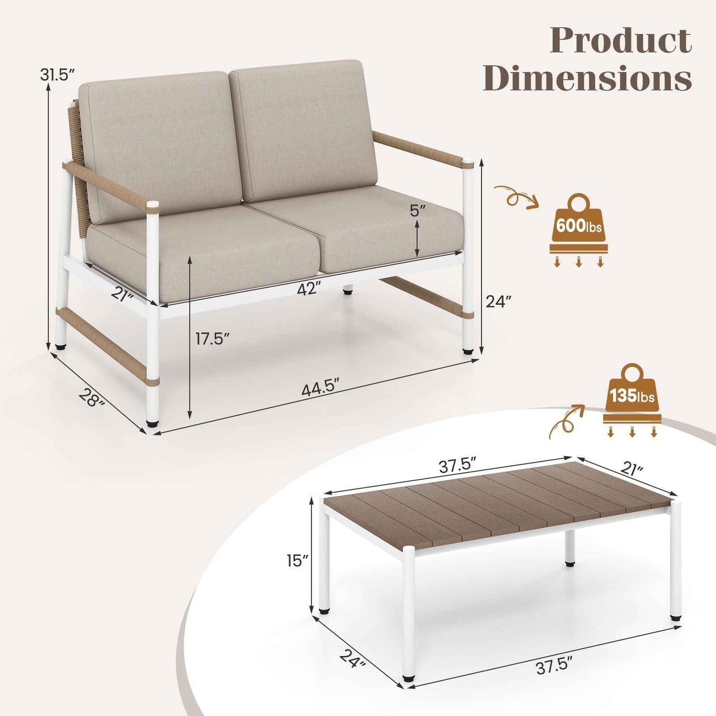 Patio Loveseat Sofa with Coffee Table Set with Thick Cushions