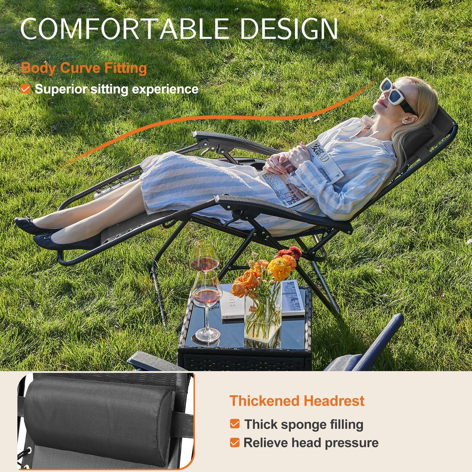 Set of 2 Zero Cravity Lounge Chairs,Outdoor Patio Folding Recliners for Pool Beach with Pillow and Cup Holder - KNM Sundry