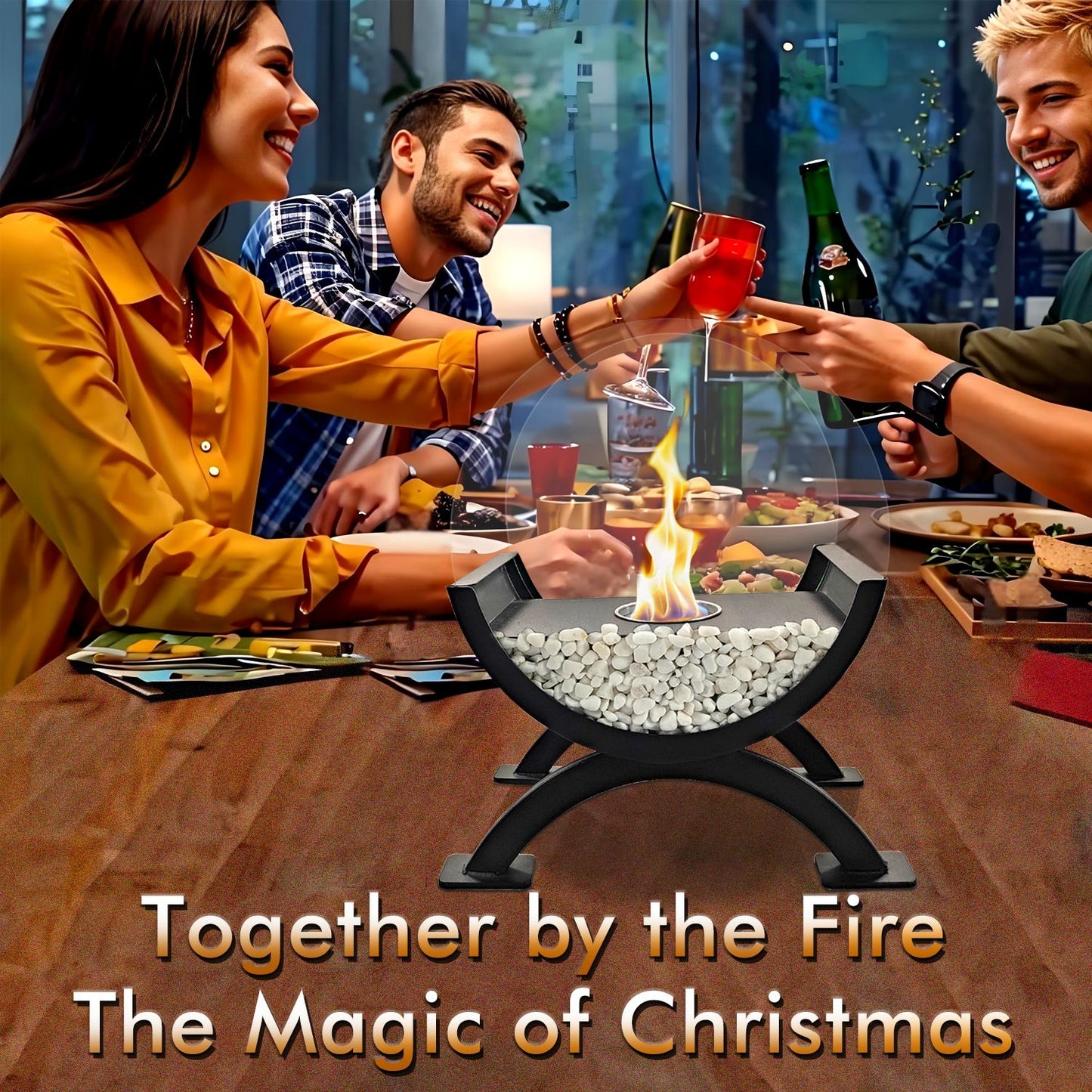 Round Glass Large Tabletop Fireplace 12.5" H Portable Fire Bowl Pot Clean Burning Fireplace for Indoor Outdoor Patio Parties Events(Black) - KNM Sundry