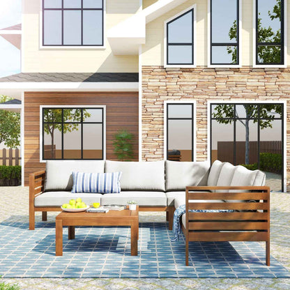 <Old SKU: FV201207AAK>Wood Structure Outdoor Sofa Set with beige Cushions Exotic design Water-resistant and UV Protected texture High quality acacia wood Strong Metal Accessories