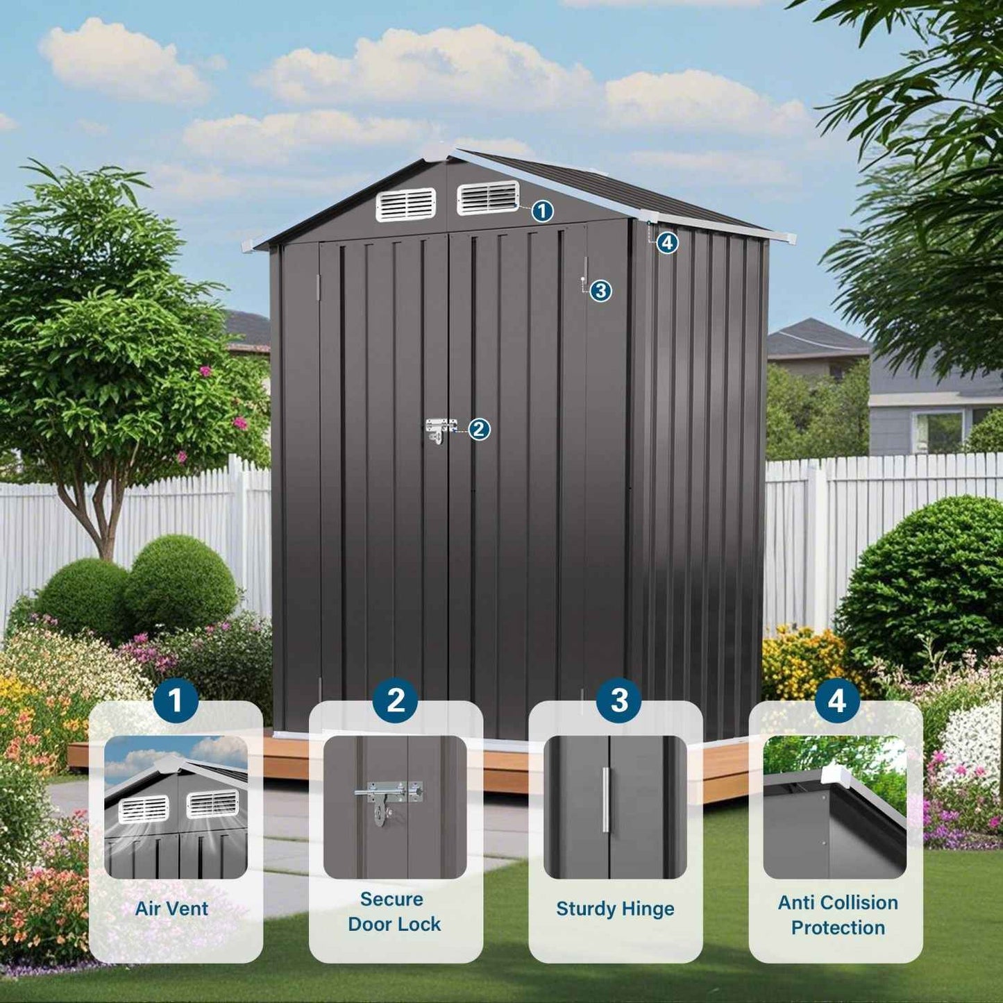 5X3 FT Metal Outdoor Storage Shed, Tool Shed with Peaked Roof Waterproof, Lockable Door Compact Metal Tool Shed for Garden, Backyard, Patio, Sundries and Bike Storage, Gray