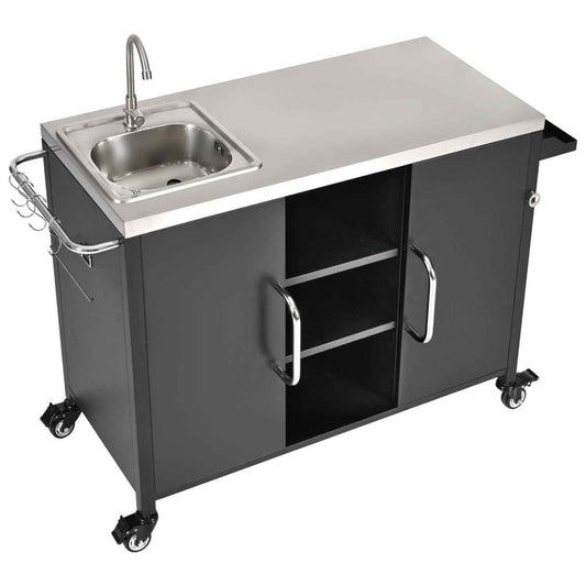 55.5" Outdoor Kitchen Island with Sink, Metal Grill Cart Table with 304 Stainless Steel Sink, Outdoor Bar Cart Sink Station with 4 Lockable Wheels for Pizza Prep & BBQ, L 55.5" x W 20" H 36.7"