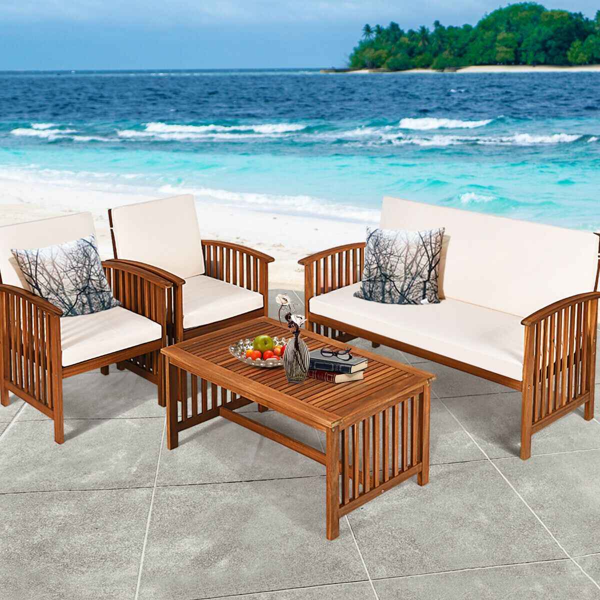 4 Pieces Patio Solid Wood Furniture Set with Water Resistant Cushions