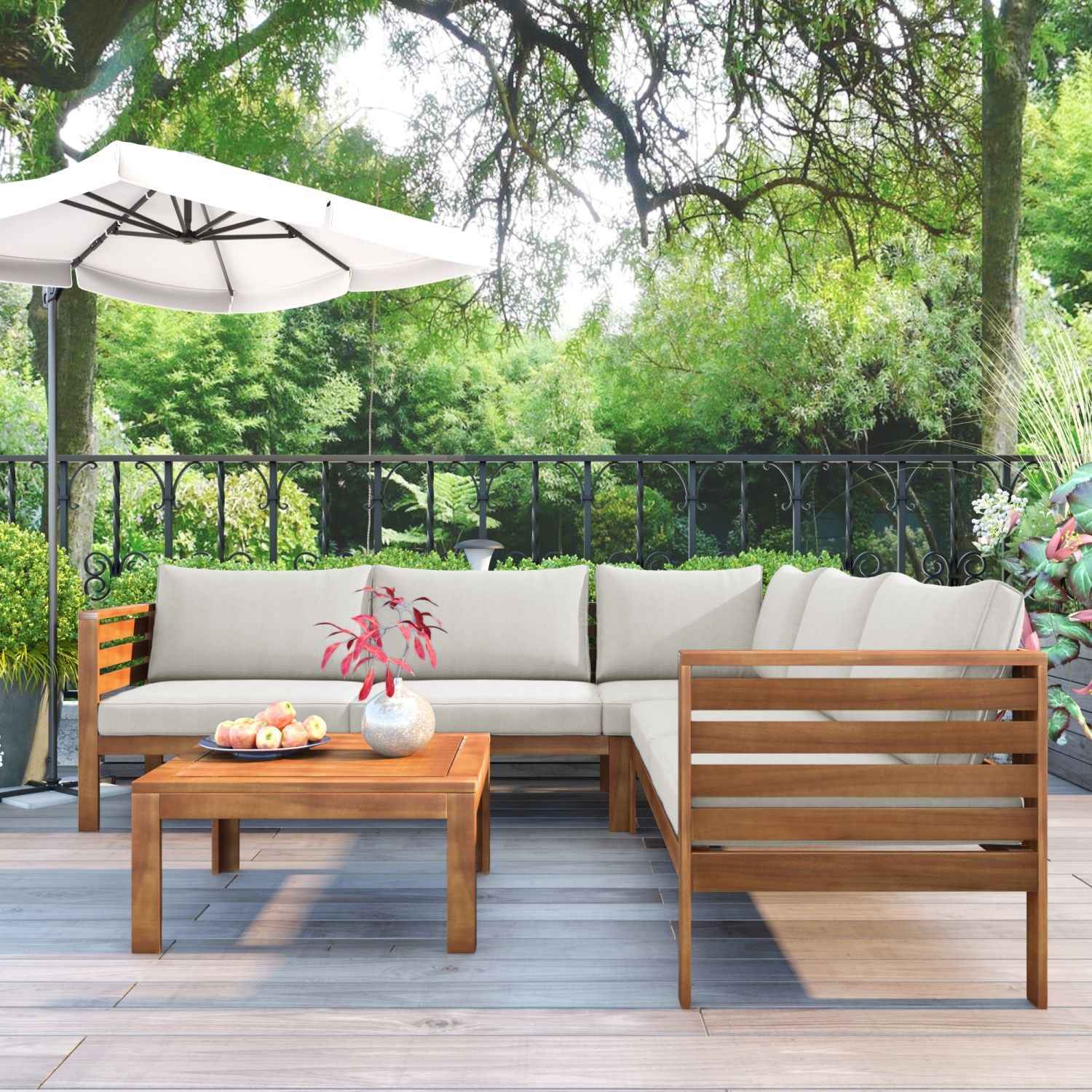 <Old SKU: FV201207AAK>Wood Structure Outdoor Sofa Set with beige Cushions Exotic design Water-resistant and UV Protected texture High quality acacia wood Strong Metal Accessories