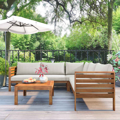 <Old SKU: FV201207AAK>Wood Structure Outdoor Sofa Set with beige Cushions Exotic design Water-resistant and UV Protected texture High quality acacia wood Strong Metal Accessories