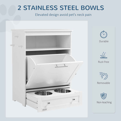 Pet Feeder Station with Storage, Dog Food Storage Container with 2 Raised Dog Bowls, White