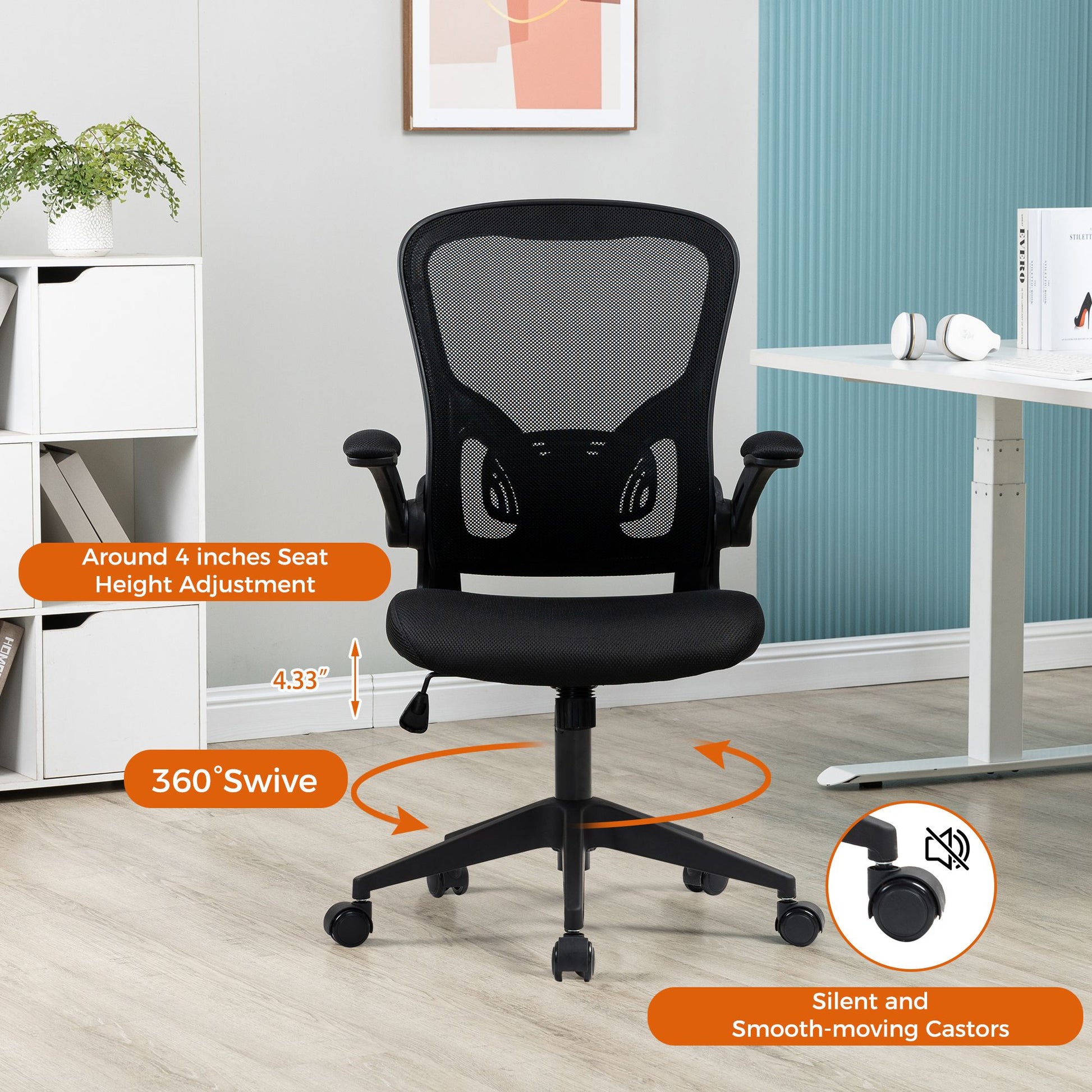 Ergonomic Mesh Office Chair with Breathable Back, Adjustable Height, Padded Seat & Armrests, 250 lbs Capacity, Modern Task Chair for Home Office & Workspace 8333 - KNM Sundry