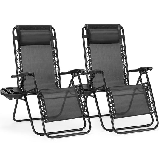 Set of 2 Zero Cravity Lounge Chairs,Outdoor Patio Folding Recliners for Pool Beach with Pillow and Cup Holder - KNM Sundry