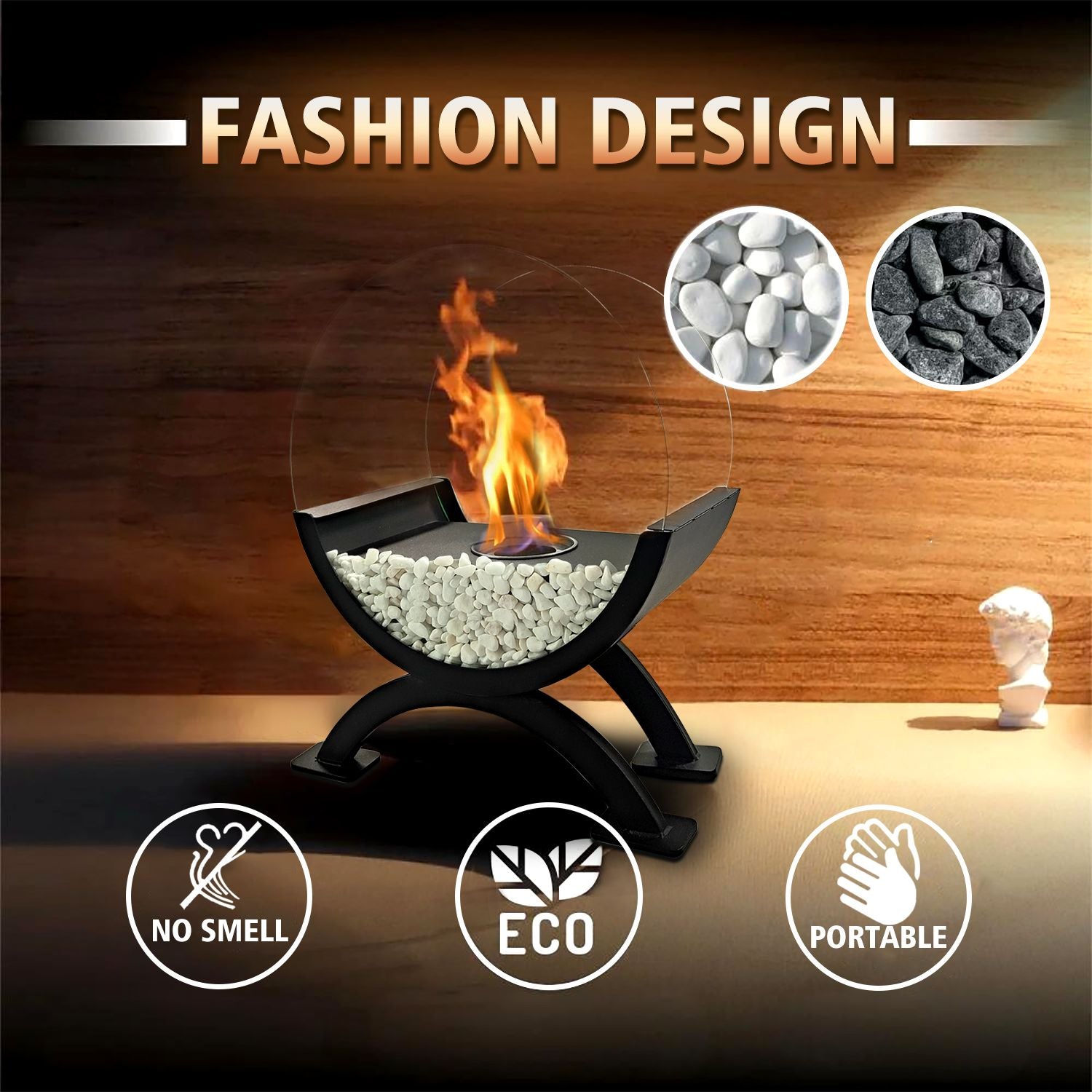 Round Glass Large Tabletop Fireplace 12.5" H Portable Fire Bowl Pot Clean Burning Fireplace for Indoor Outdoor Patio Parties Events(Black) - KNM Sundry