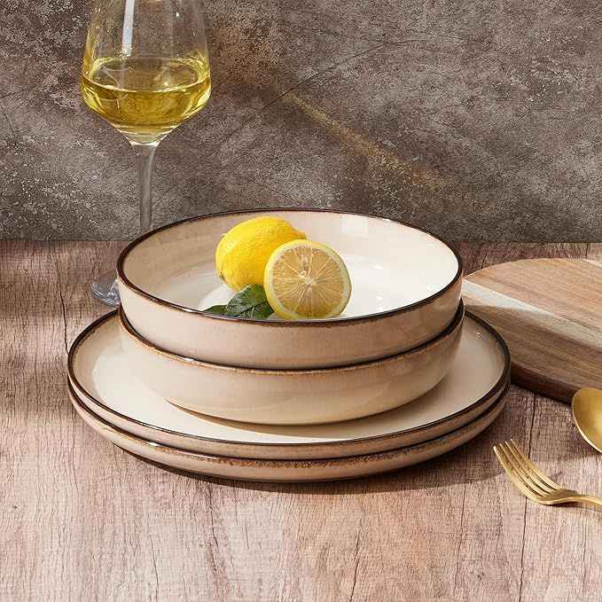 Pasta Bowls Set of 4, 35oz Large Salad Bowls for Serving, Wide and Shallow Ceramic Plates for Kitchen, Double Reactive Glaze, Microwave and Dishwasher Safe, Sandy Beige
