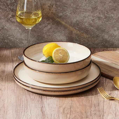 Pasta Bowls Set of 4, 35oz Large Salad Bowls for Serving, Wide and Shallow Ceramic Plates for Kitchen, Double Reactive Glaze, Microwave and Dishwasher Safe, Sandy Beige