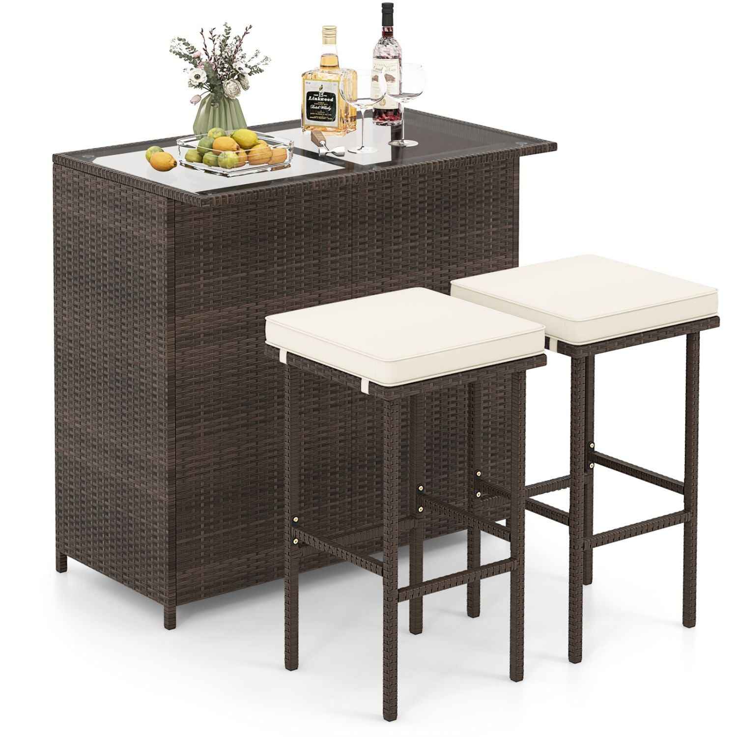 3 Pieces Outdoor Rattan Wicker Bar Set with 2 Cushions Stools