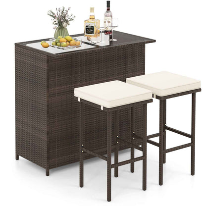 3 Pieces Outdoor Rattan Wicker Bar Set with 2 Cushions Stools