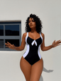 Black & White Color Block Halter One-Piece Swimsuit for Women, Tummy Control Bow Bathing Suit
