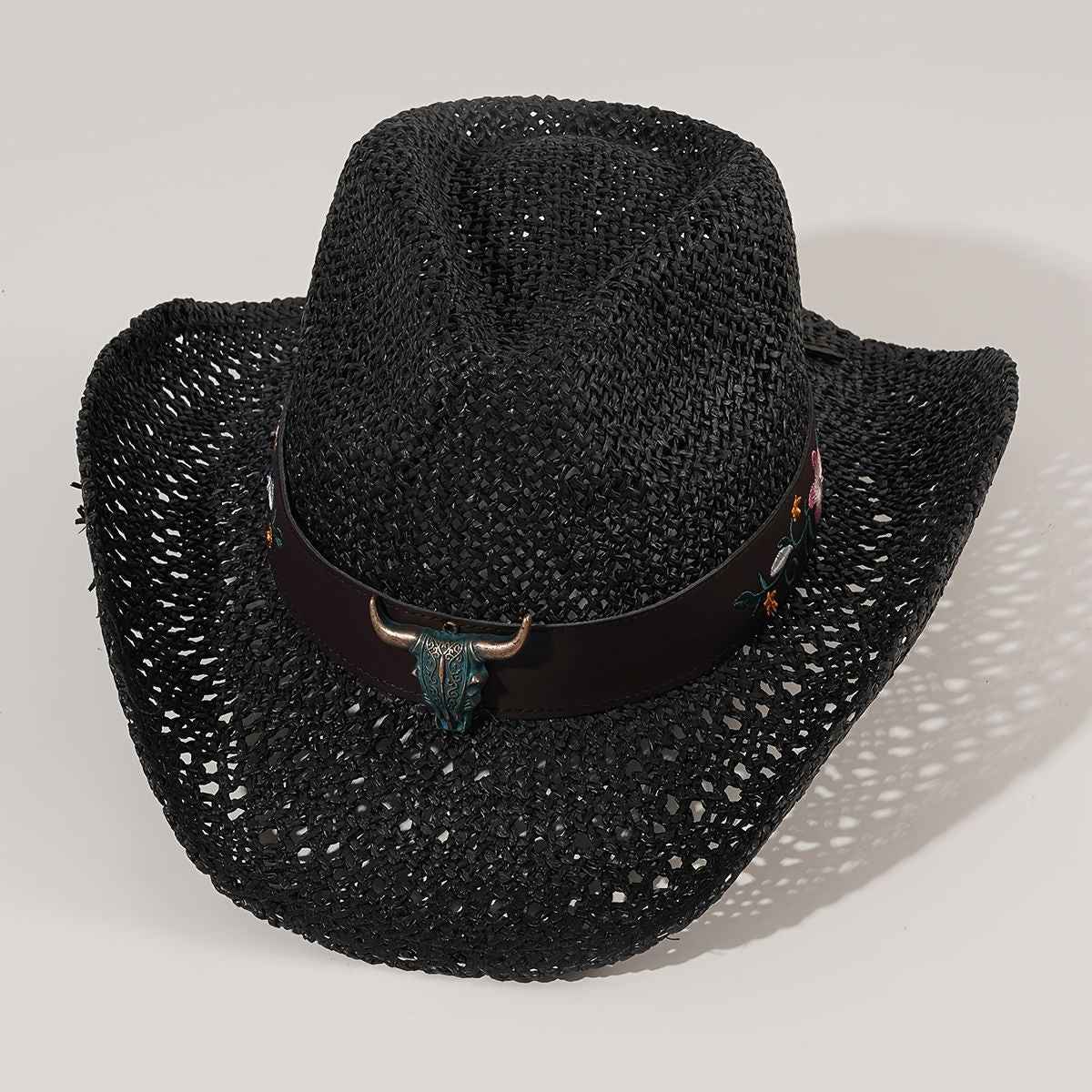 Men's And Women's Cowboy Hat British Retro New Summer Hollow Cow Head Belt Hat Sunscreen Sunscreen Woven Straw Hat